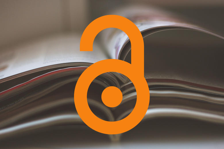 pile of journals and orange open padlock open access logo