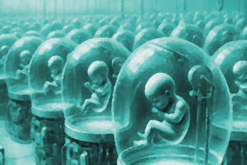 stylised drawing of babies in robotic incubators
