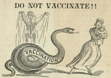 old cartoon image of a snake with the word vaccination scaring a woman and child