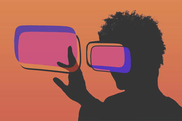 Graphic of a person in silhouette wearing a headset and tapping a screen