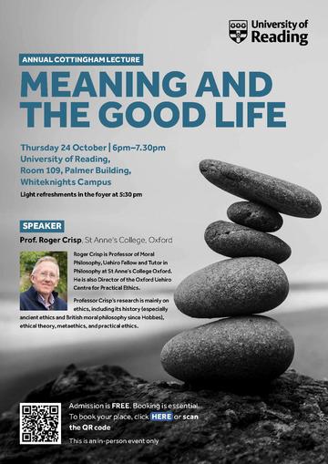 Poster for Cottingham lecture showing stacked pebbles and a photograph of Roger Crisp
