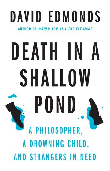 book cover for death in a shallow pond with booki title and a pair of men's shoes in puddles of water