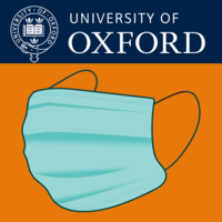Album cover with University of Oxford crest with an image of a blue face mask on an orange background
